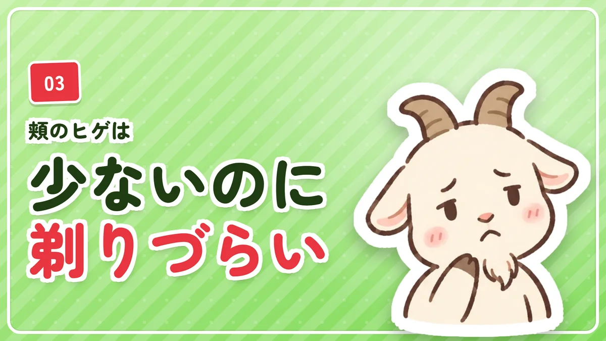 頬のヒゲは量が少なくても密集していないため剃りづらいことを示したバナー