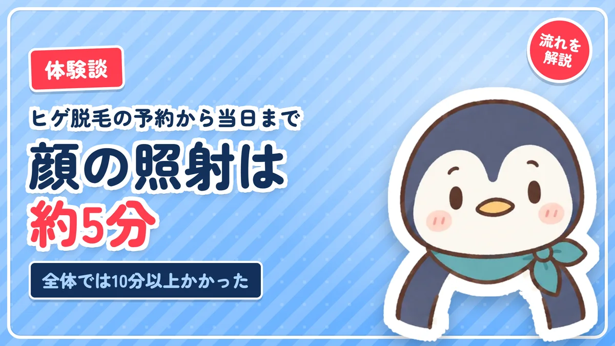 ヒゲ脱毛の予約から当日の流れを体験談でまとめた記事のアイキャッチ。顔の照射は約5分