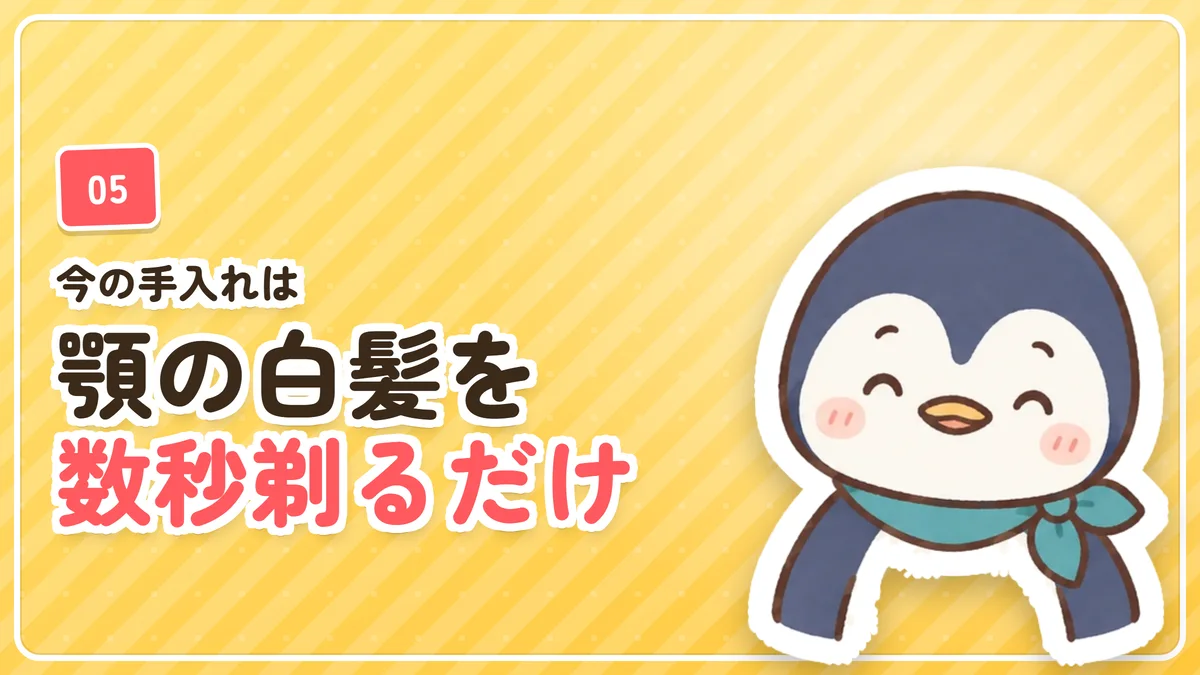 今の手入れは顎の白髪を数秒剃るだけだと示したバナー
